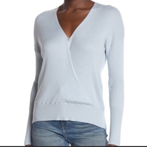 Elodie Tops - Elodie Women's Light Blue Ribbed Knit Surplice Neck Long Sleeve Pullover Top